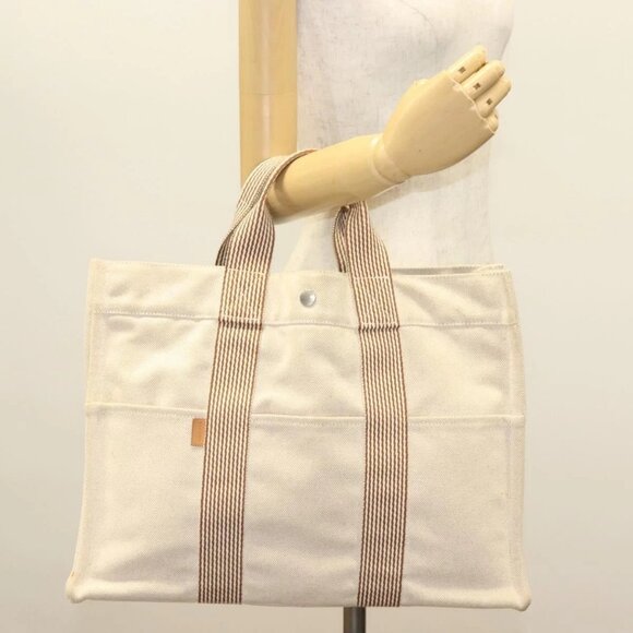 HERMES New Fourre ToutMM Hand Bag Canvas Beige Silver Auth - Picture 1 of 16
